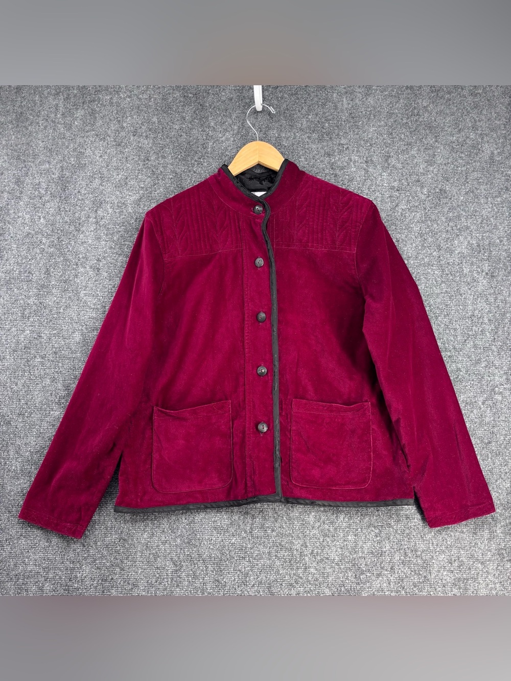 VTG Tibetan Trader Artisan Burgundy Red Velvet Jacket Mandarin Collar Size Large